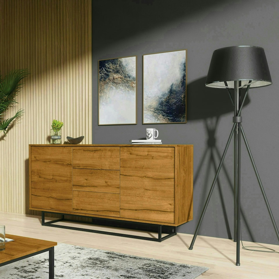 image 1 of Sideboard 140cm Oak Finish with Matching Fronts and Black Frame Multi