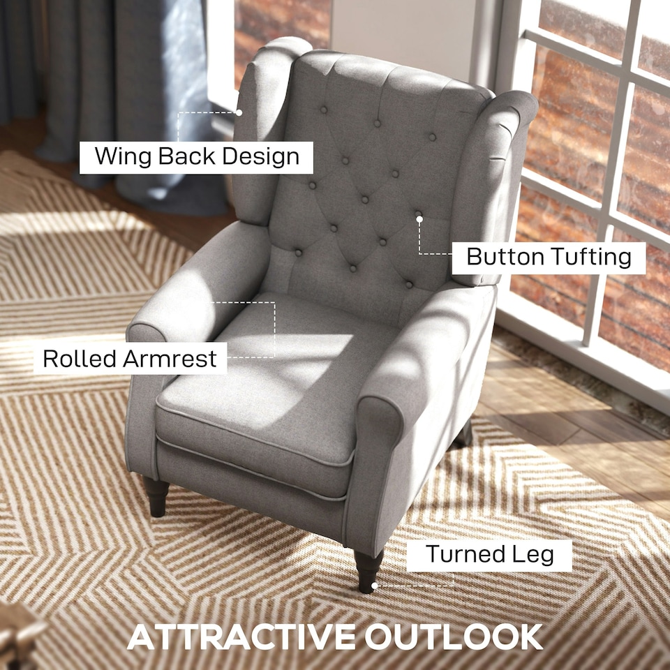 image 1 of HOMCOM Accent Armchair Home Furniture Retro Tufted Club Wood Fabric, Grey