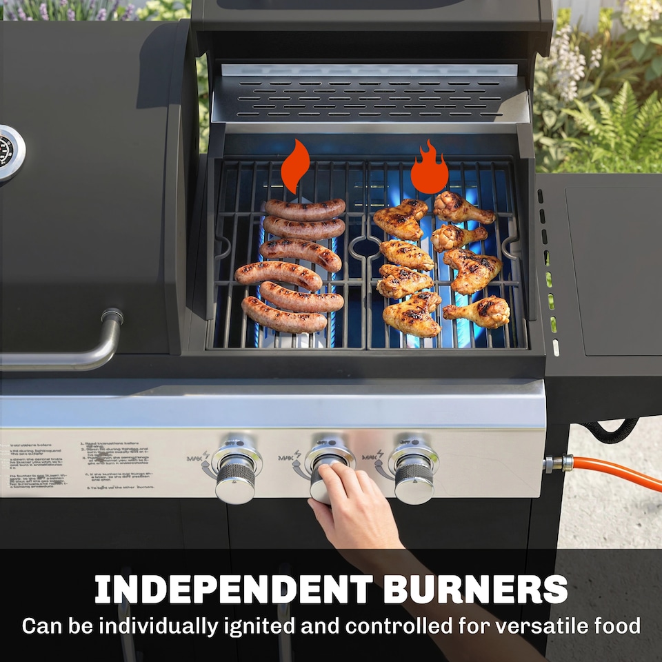 image 1 of Outsunny 3 Burner Hybrid Dual Fuel BBQ Gas Grill with Side Burner, Black | Black | Black | 148 x 60 x 110 cm