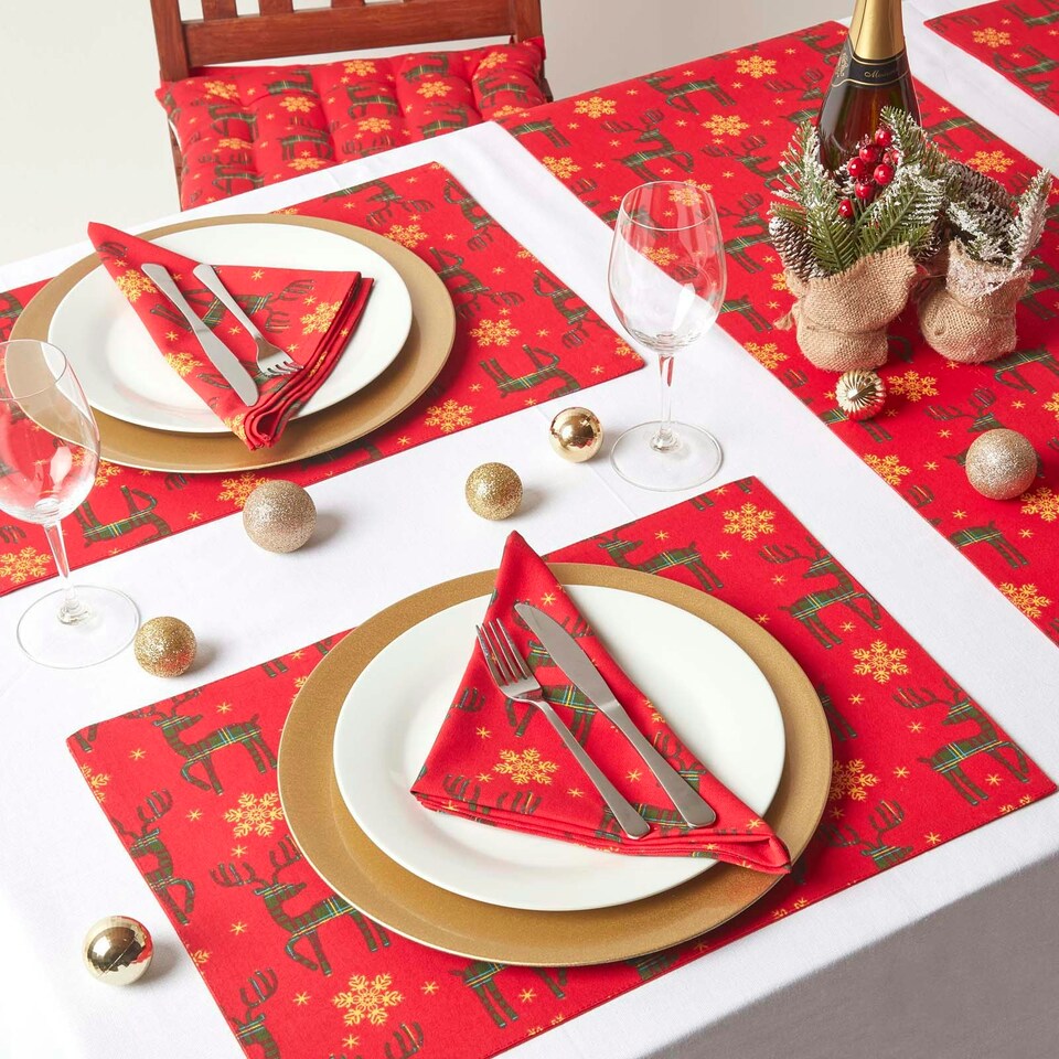 image 1 of Homescapes Red Reindeer Cotton Christmas Tablecloth - 137 x 229 cm | Red