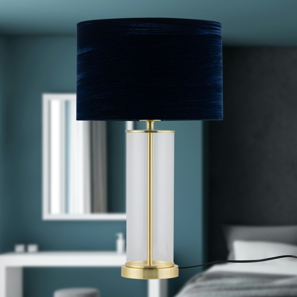image 1 of Set of 2 Aura - Satin Brass Lamps with Navy Blue Crushed Velvet Shades Bronze | Blue