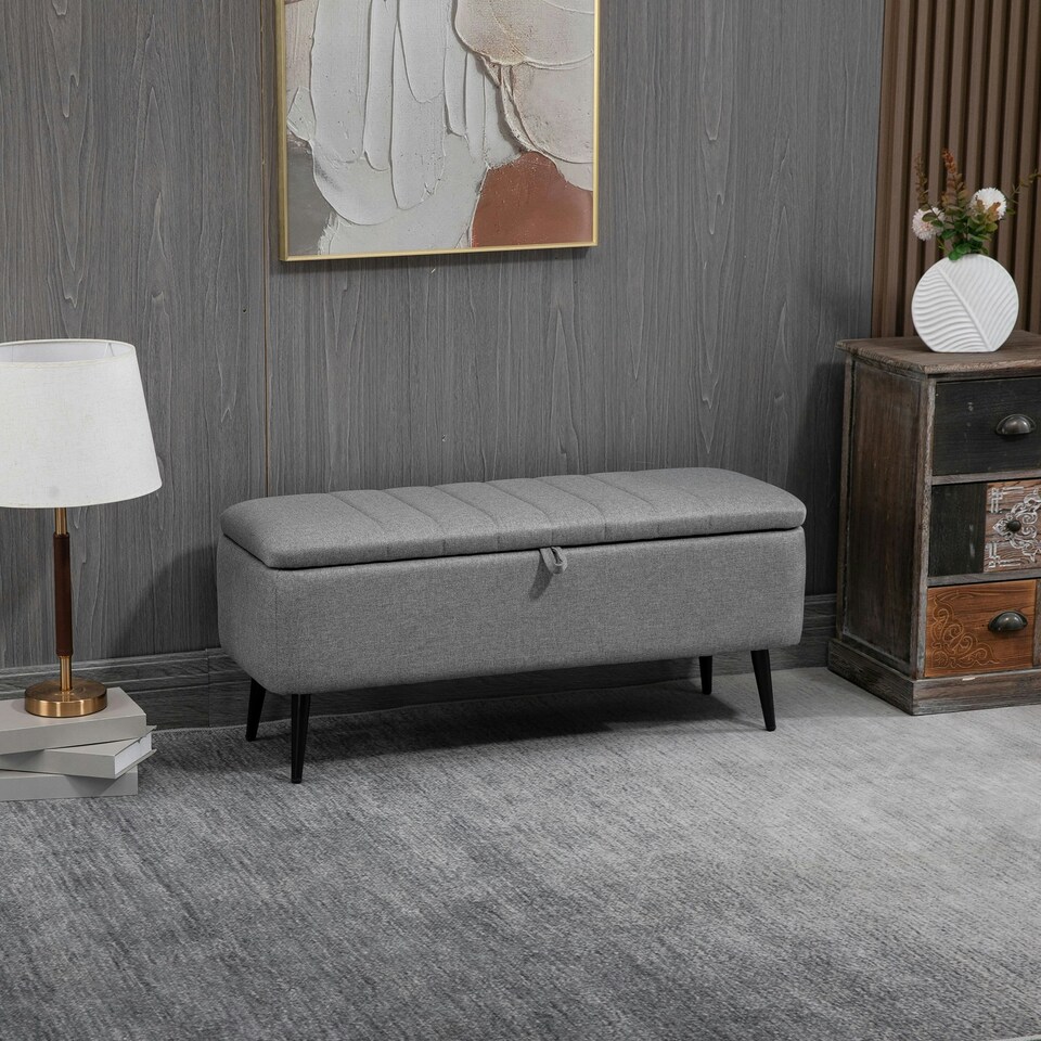 image 1 of HOMCOM Storage Ottoman Bench, Linen Fabric Footstool with Steel Legs Grey
