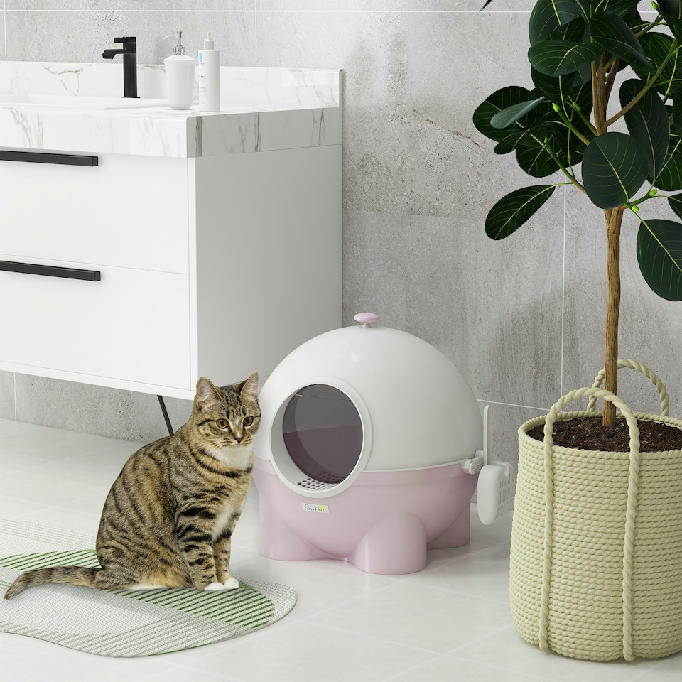 image 1 of PawHut Large Cat Litter Box w/ Scoop, Front Entrance, 53 x 51 x 48cm - Pink