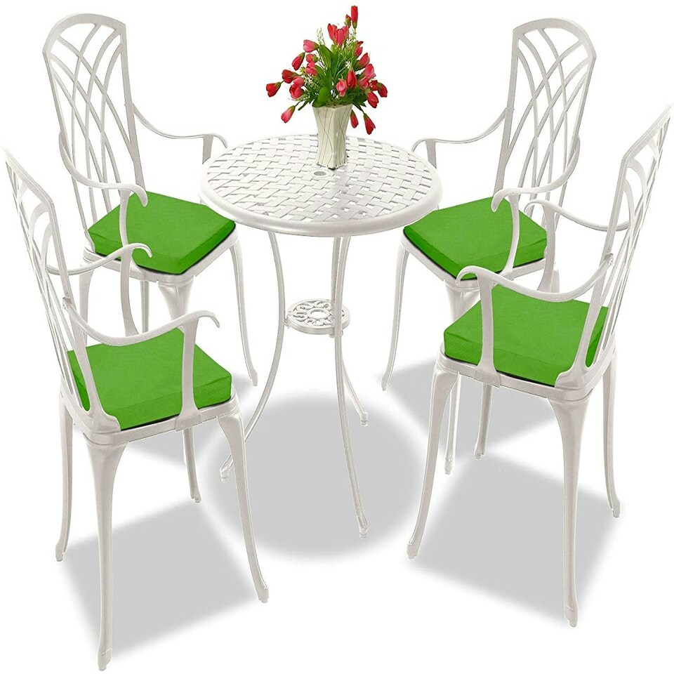 image 1 of Centurion Supports OSHOWA Luxurious Garden and Patio Table and 4 Large Chairs with Armrests Cast Aluminium Bistro Set - White with Green Cushions