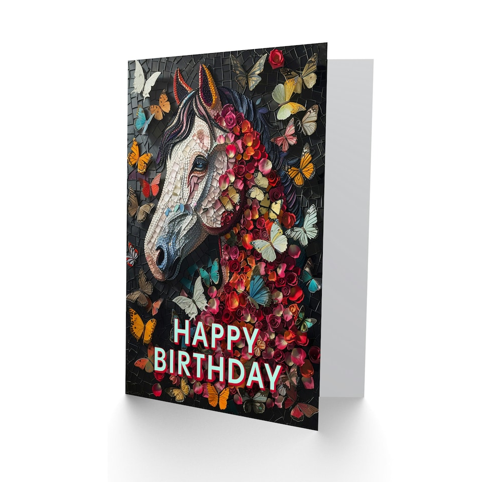 image 1 of Butterflies Horse Mosaic Nature Floral Portrait Child Kids Birthday Card