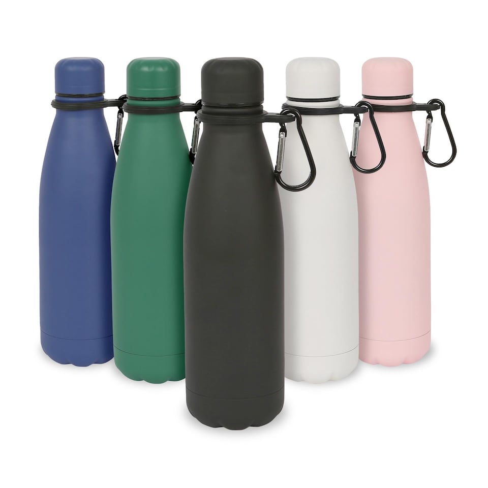 image 1 of Harbour Housewares Stainless Steel Water Bottle with Carabiner Clip - 500ml - Matt Black | Black | Matt Black | One Size