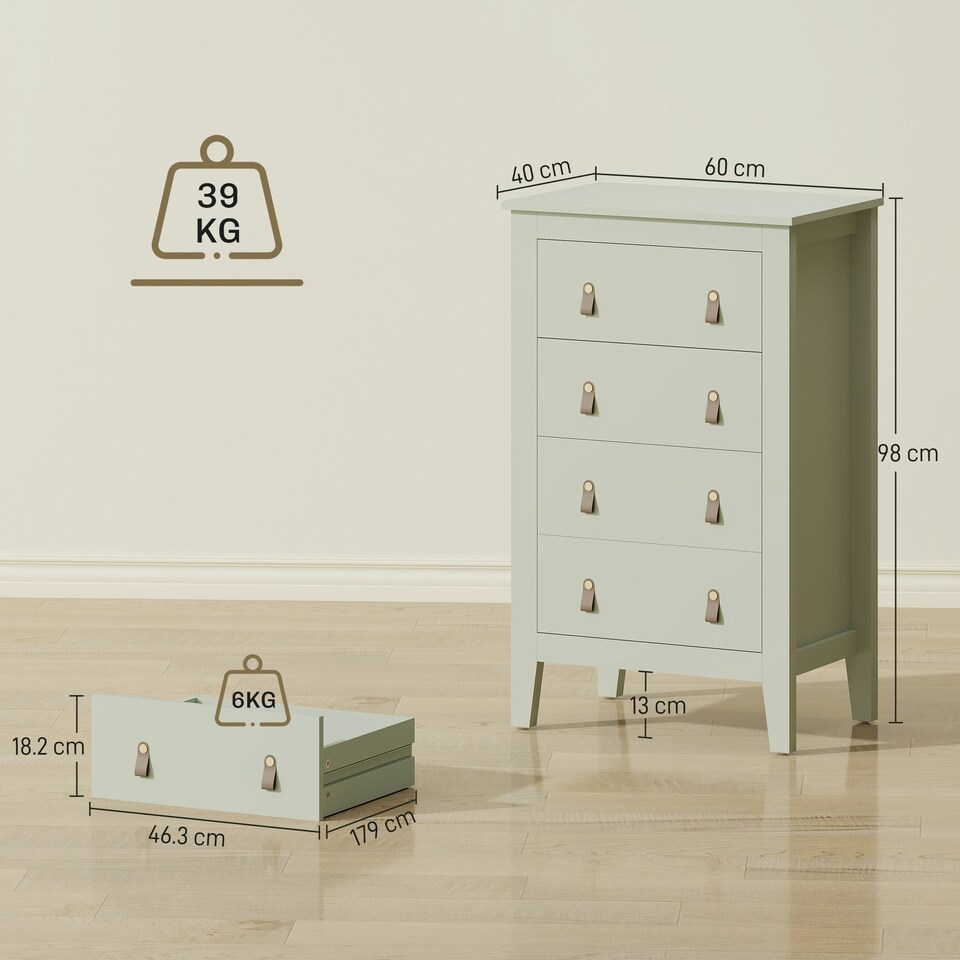 image 1 of HOMCOM Bedroom Chest of Drawers, Modern 4 Drawer Dresser, Green | Green | 60W x 40D x 98H cm