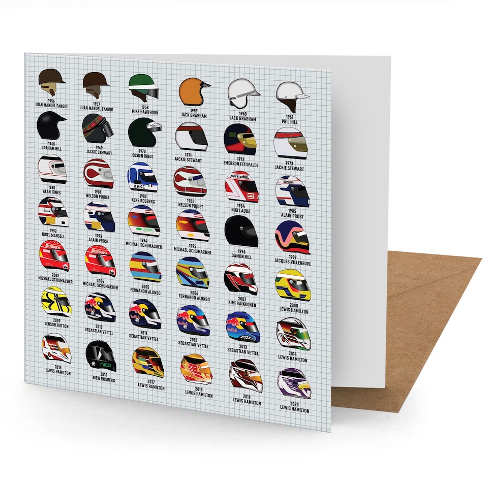 Grand Prix Driver Helmets Greetings Card Suitable for Birthdays, Thank You, Any Occasion, 15 x 15 cms, Multi-Coloured