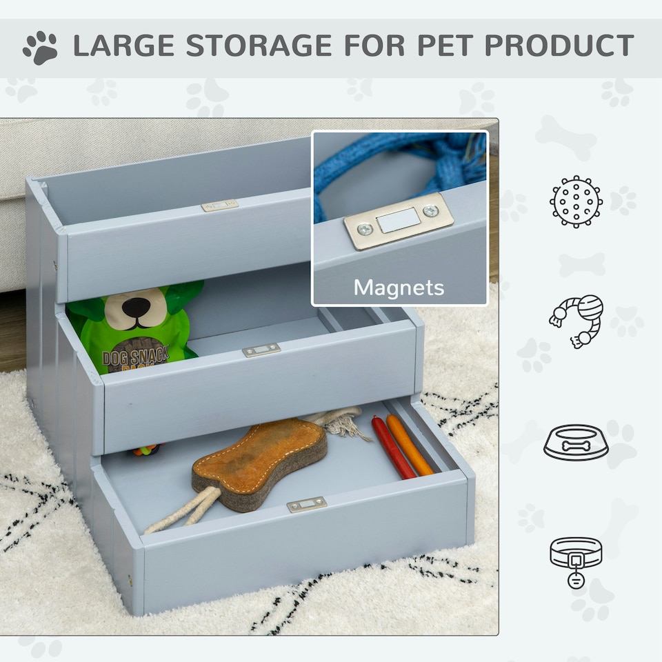 image 1 of PawHut 3 Step Wooden Dog Steps Pet Stairs Cat Ladder for Bed with Storage Grey