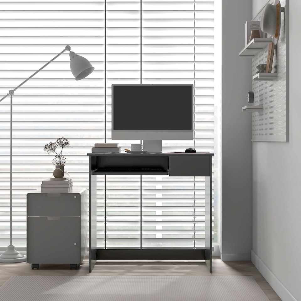 image 1 of HOMCOM 80cm Compact Computer Desk with Keyboard Tray, Home Office Desk with Drawer for Bedroom Study, Grey