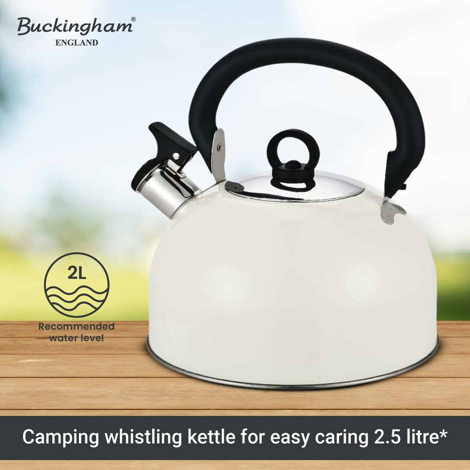 image 1 of Buckingham Stainless Steel Camping Whistling Kettle 2.5 Litre , Cream