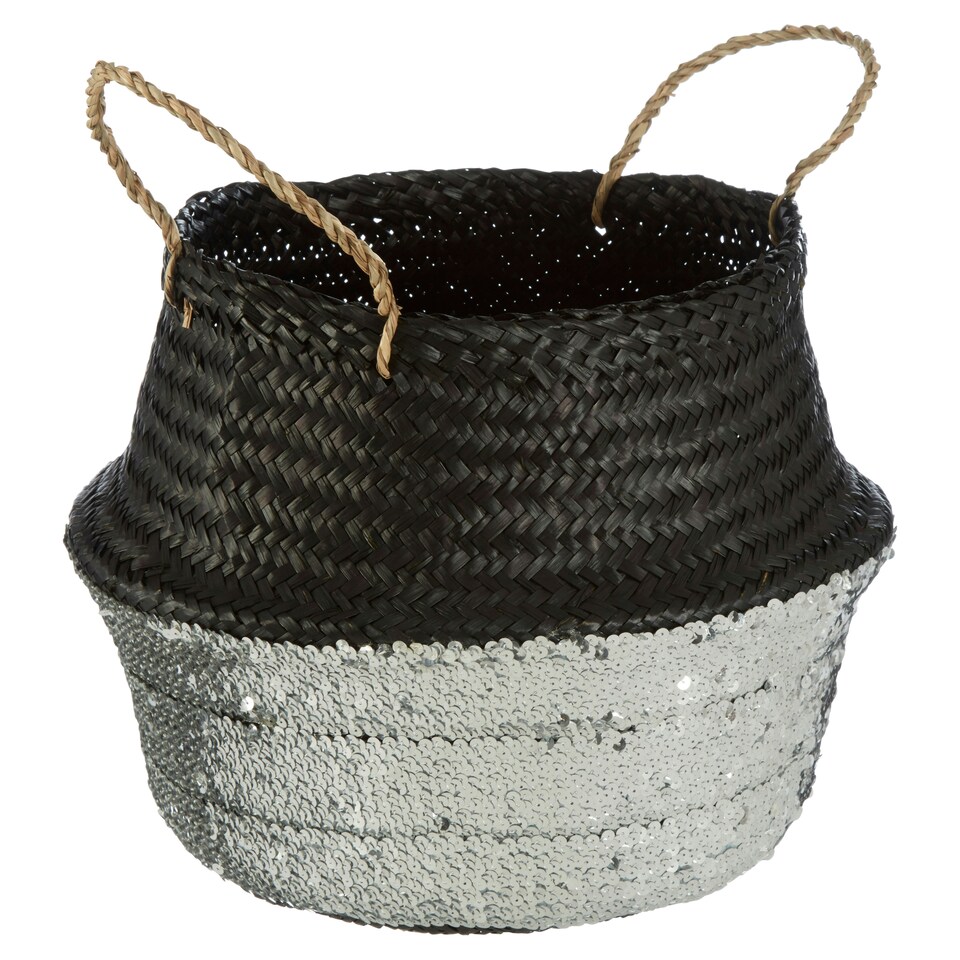 image 1 of Interiors By Premier Black & Silver Seagrass Storage Basket, Decorative Organizer With Handles, Small Seagrass Storage Basket Silver