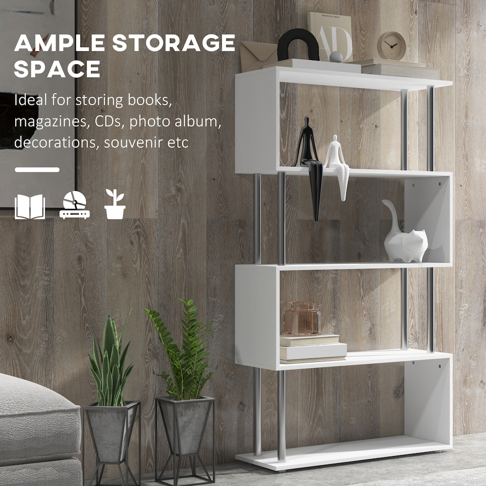 image 1 of HOMCOM S Shape Bookcase, 5 Tiers Bookshelf, Modern Freestanding Storage Shelf for Home Office, Study, Living Room, 80 x 30 x 145cm, White