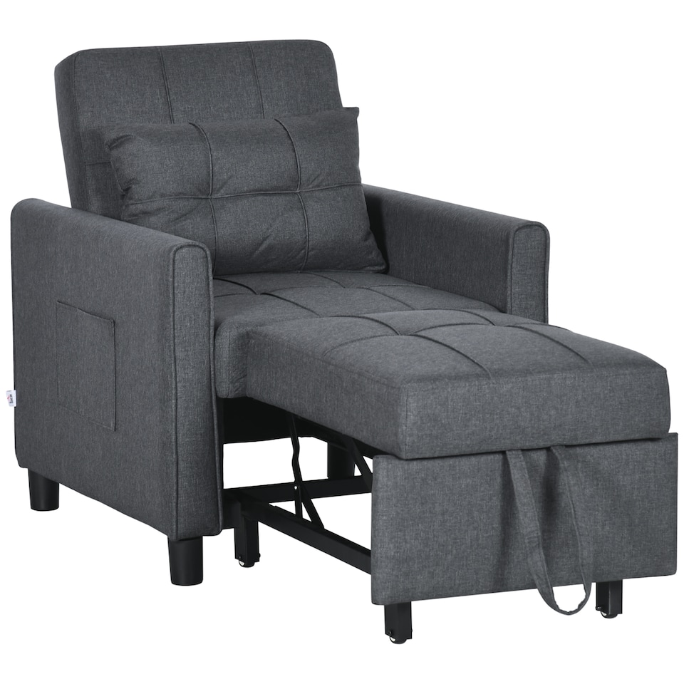 image 1 of HOMCOM Compact Single Chair Bed, Pull Out Bed, Convertible Sleeper Chair with Adjustable Backrest, Pillow, Side Pockets for Home Office, Bedroom, Living Room, Grey