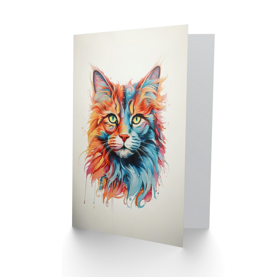 image 1 of Cat Lover Maine Coon Orange Blue Pink Animal Portrait Greeting Card