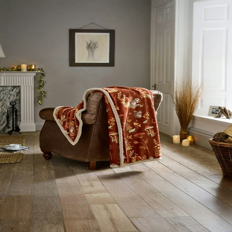 image 1 of Autumnal Woodland Throw – Sherpa Blanket Showcasing Forest Animals & Foliage 130x170cm | Multi | Rust | 1