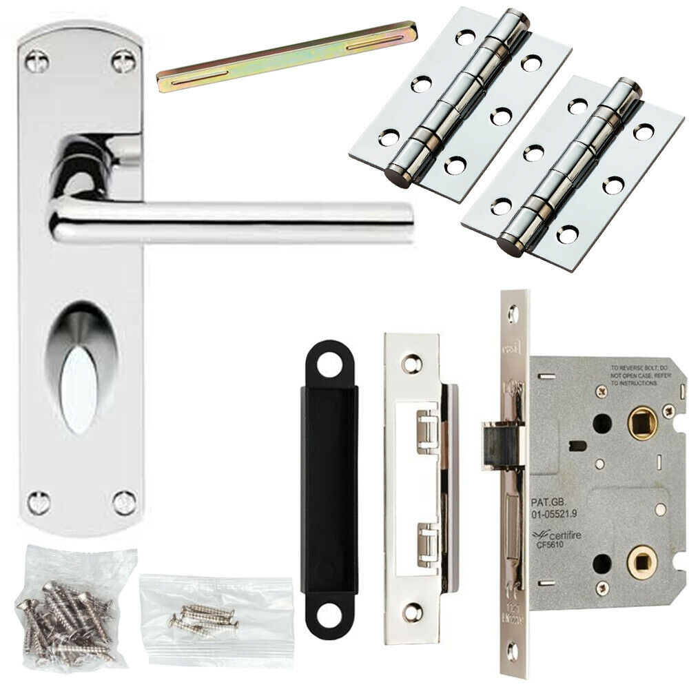 Loops Door Handle & Bathroom Lock Pack Chrome Slim Straight Arm Thumb Turn Backplate