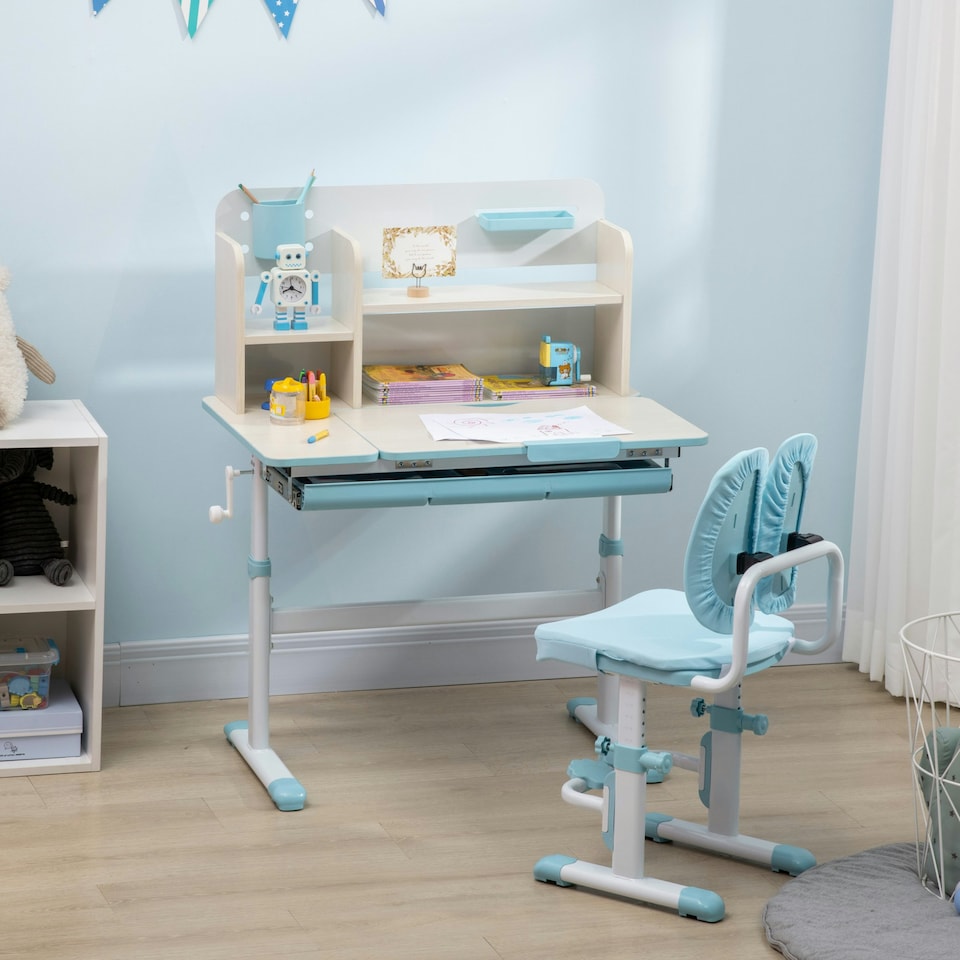 image 1 of HOMCOM Kids Desk and Chair Set, Height Adjustable Study Table for 3-12 Years Blue