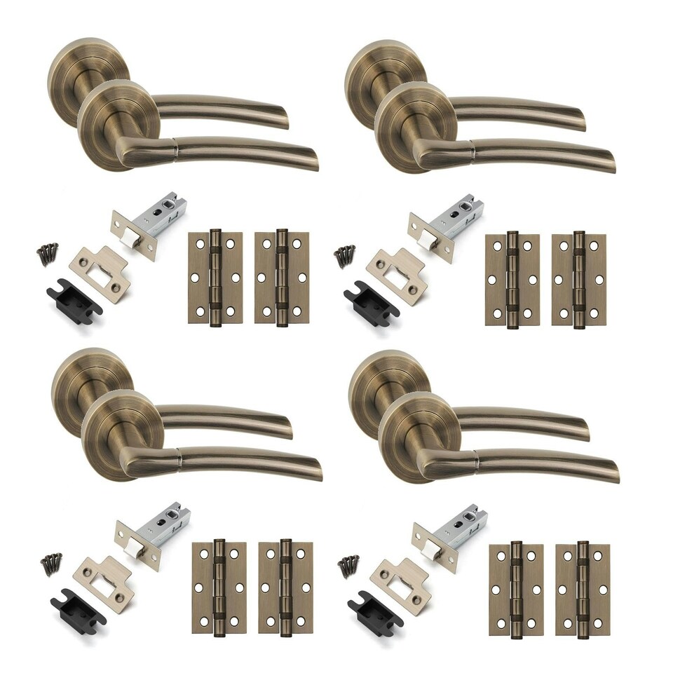 image 1 of Golden Grace 4 Set Indiana Design Door Handles in Antique Brass Finish with Tubular Latch and 1 Pair of 3" Ball Bearing Hinges Gold