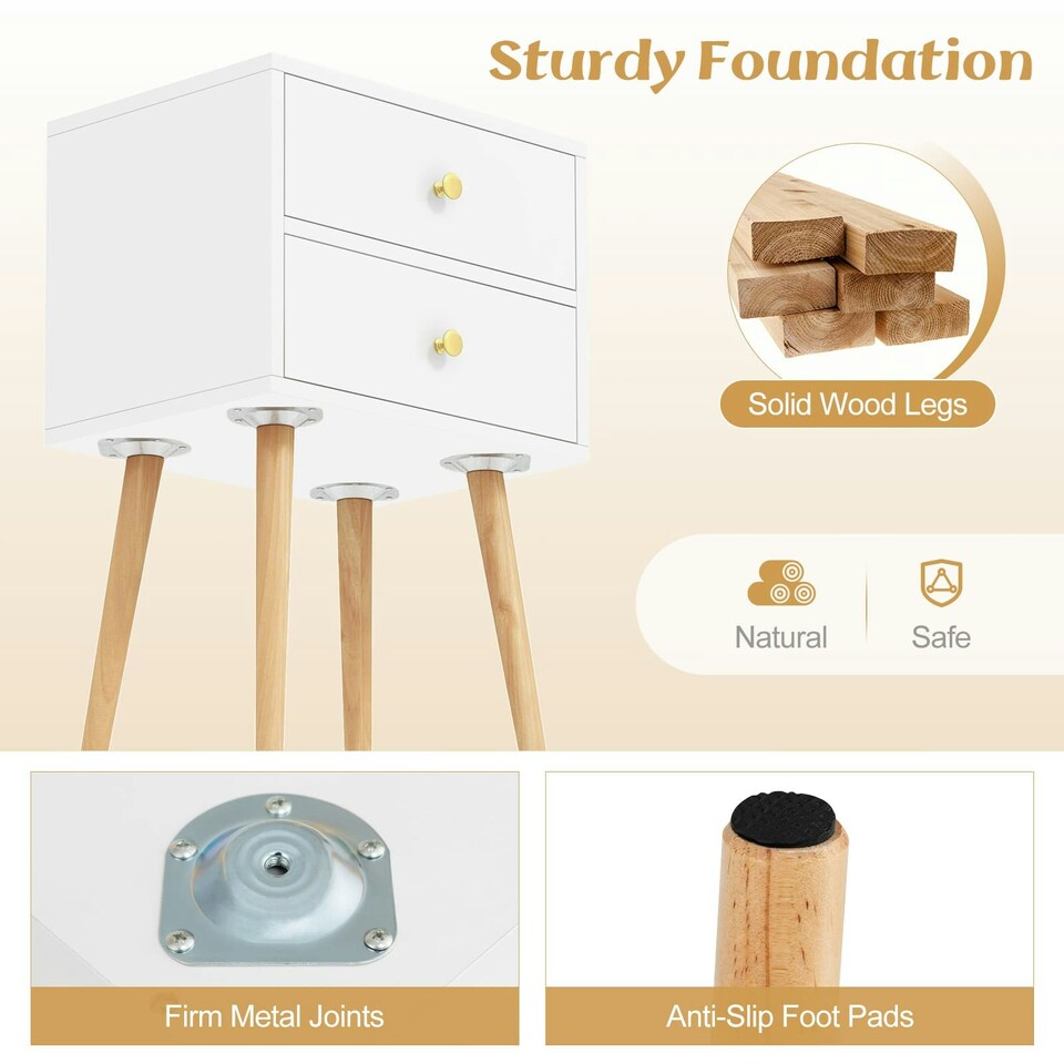 image 1 of COSTWAY Nightstand 2-Drawer Bedside Table w/Storage White White