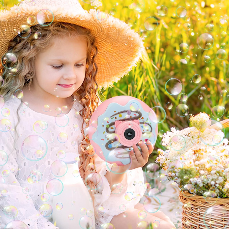 image 1 of Donut Bubble Camera for Kids - Automatic Bubble Gun with Lights and Music - Fun Outdoor Bubble Machine for Birthdays and Parties (Blue & Pink)