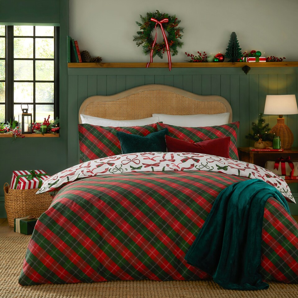 image 1 of furn. Nathalie Festive Bows Printed Super King Duvet Set Green | Super King