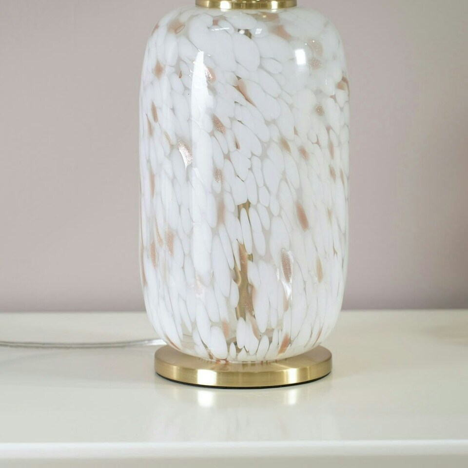 image 1 of ValueLights India Beige Tapered Shade on Rounded White Confetti Glass Table Lamp with Bulb