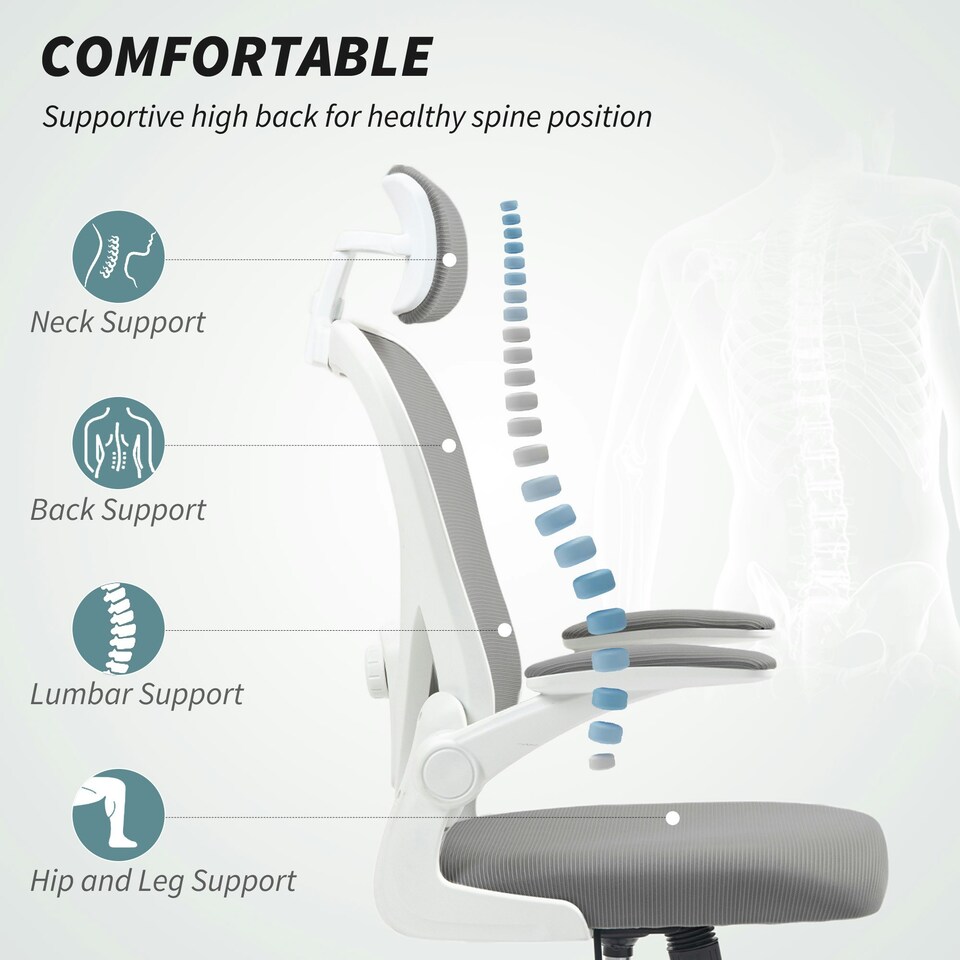 image 1 of HOMCOM Ergonomic Mesh Office Chair with Headrest, Lumbar Support, Grey