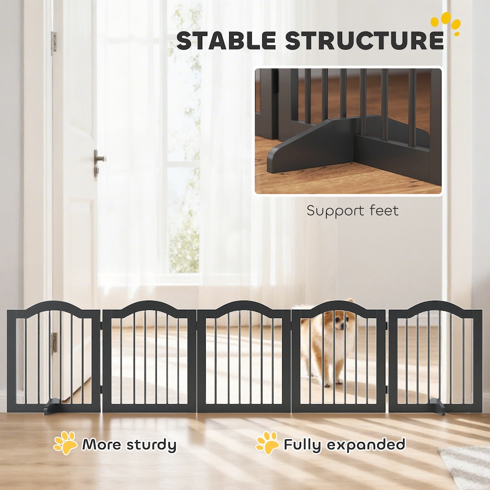 image 1 of PawHut Dog Gate 5 Wood Panel Freestanding Pet Fence Folding Safety Barrier