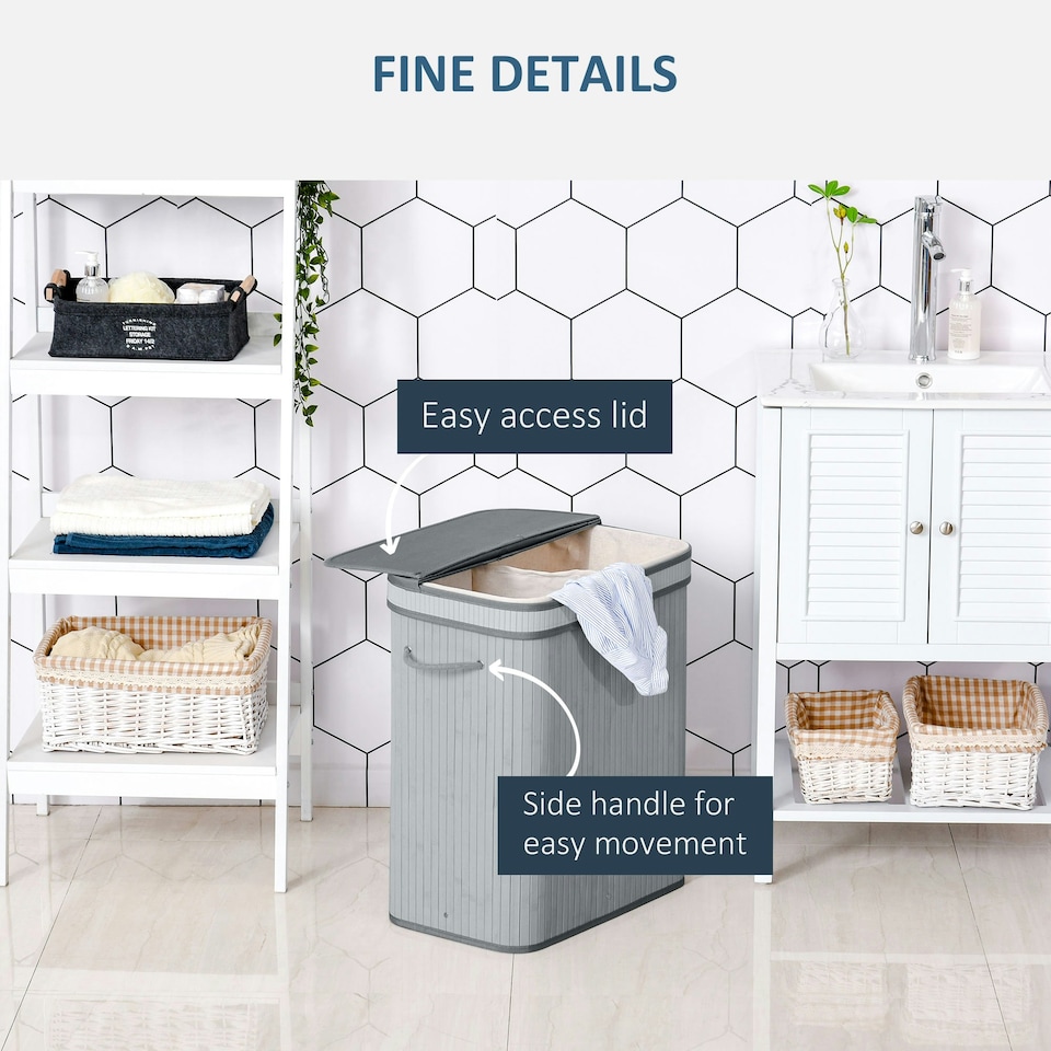 image 1 of HOMCOM 100L Wood Laundry Basket A Compartment Flip Lid Removable Lining Grey