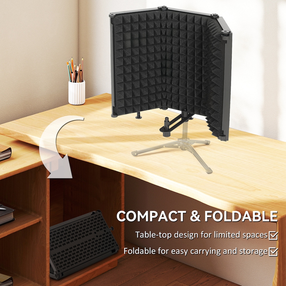 image 1 of HOMCOM Studio Microphone Isolation Shield, Foldable Adjustable Recording Studio Equipment, 3-Panel High Density Absorbent Foam Shield with Threaded Mount, Black