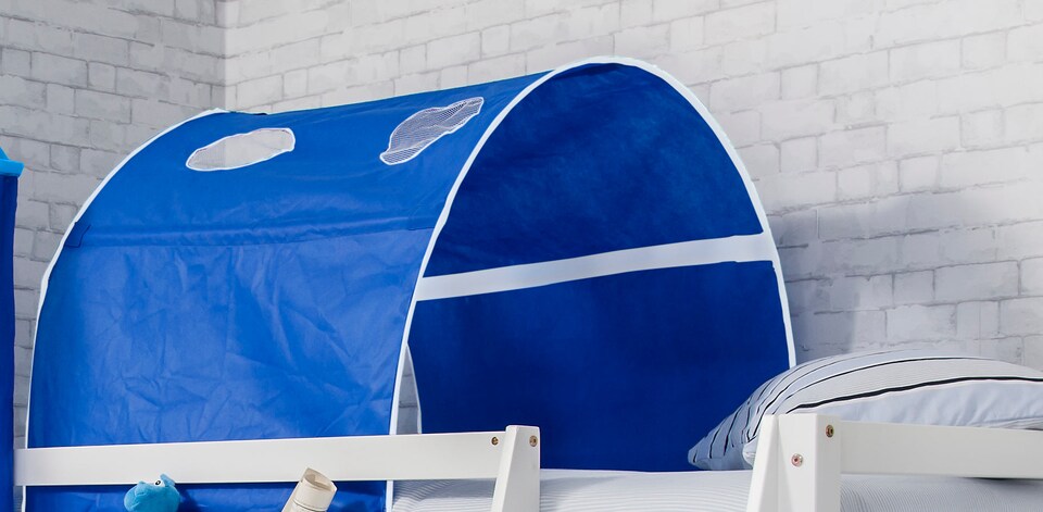 image 1 of Moro Cabin Bed with Slide and Brilliant Blue Cotton Tent, Tower & Tunnel in White