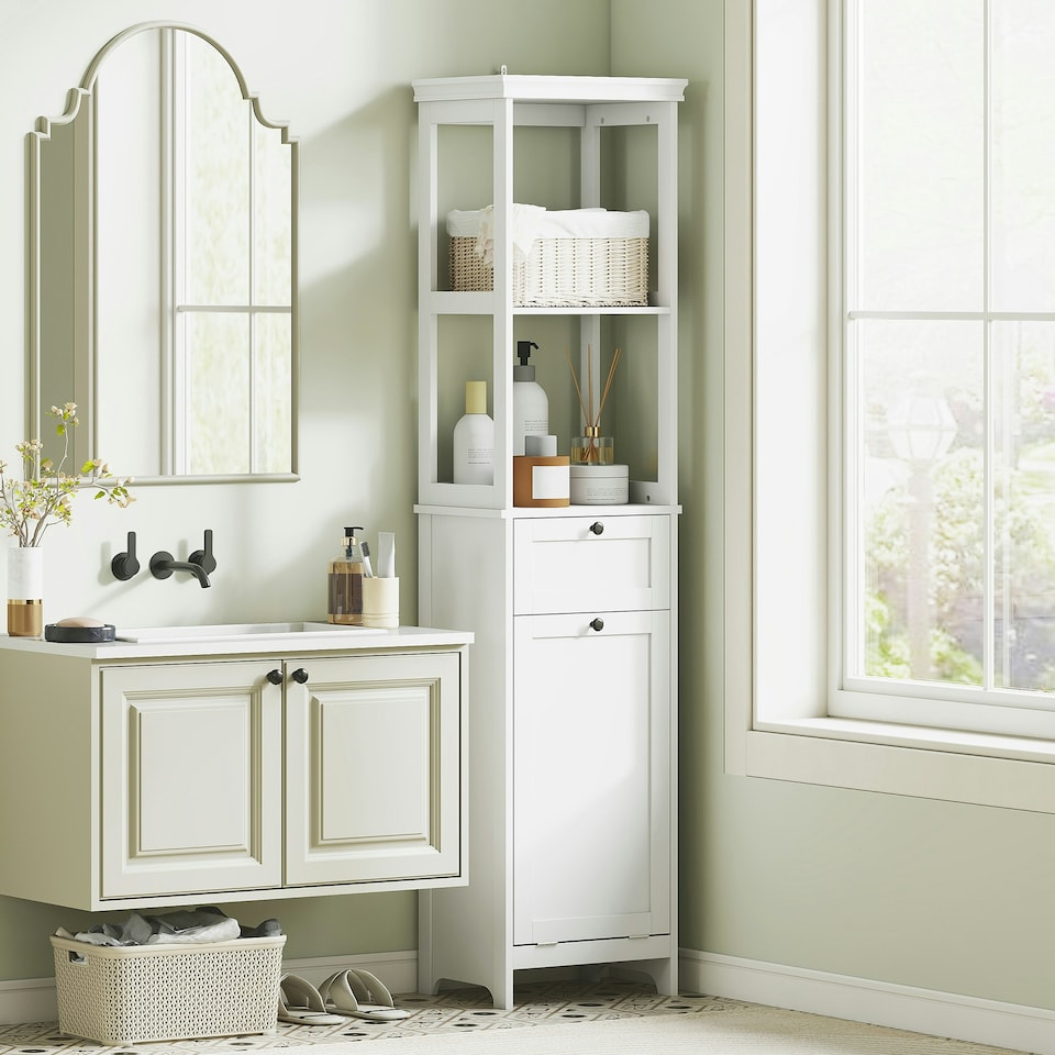 image 1 of HOMCOM Slim Bathroom Storage Unit with Tilt-Out Laundry Cabinet Drawer White White