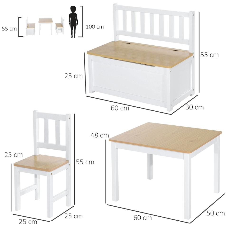 image 1 of HOMCOM 4-Piece Set Kids Wood Table Chair Bench w/ Storage Function for 3 Years+ Grey