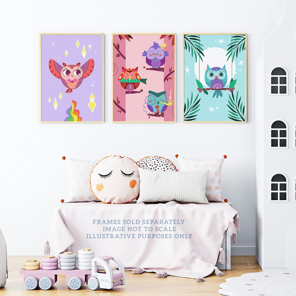 image 1 of Set of 3 Kids Bedroom Nursery Colourful Owl Bird Autumn Moonlight Rainbow Wall Art Prints 12x16 Inch