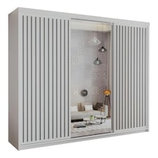 Sliding Wardrobes 4U Modern Vertical Panelled Mirror Sliding Wardrobe – 150cm to 250cm, White, Black, Grey, Oak | White | (Grey Strip) 250cm