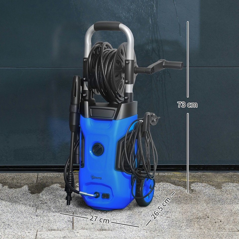 image 1 of Outsunny 1800W Power Washer 150 Bar Pressure 6M Hose and Hose Reel, Blue