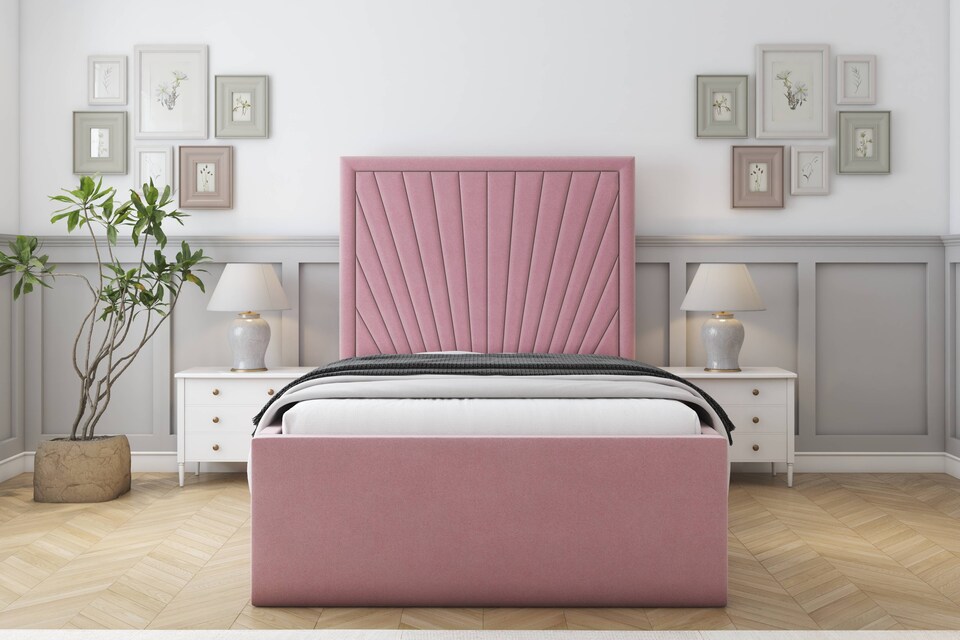 image 1 of Sloomy Somerset Pink Plush Deep-Sided Bed Frame With 50" Upholstered Headboard 5' King
