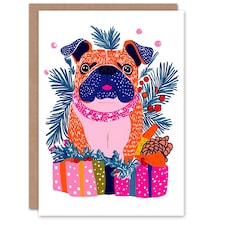 Greeting Card Dog Lover Cute Pug Presents Vibrant Modern For Her Woman Xmas Christmas Card