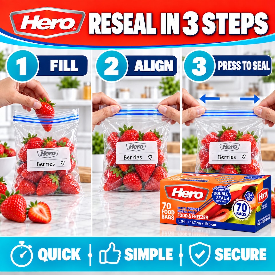 image 1 of Hero 70 Medium 1L Resealable Freezer Bags – Reusable Ziplock Food Storage Bags with Write-On Label – BPA Free Sandwich & Freezer Bags