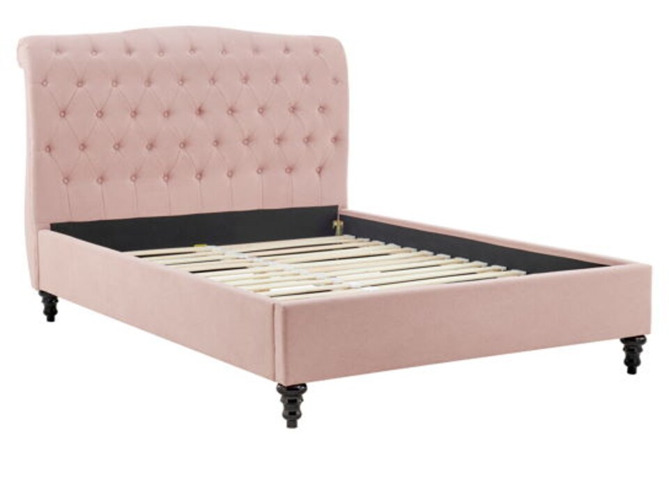 image 1 of 4ft6 Double Fabric upholstered, Pink,buttoned back,curved bed, scroll, chesterfield, frame,bedstead