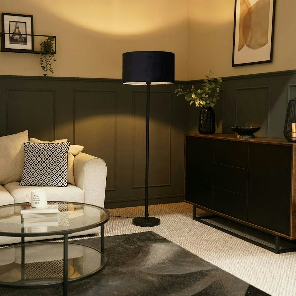 image 1 of ValueLights Charlie Black Floor Lamp Navy Velvet Shade & Bulb