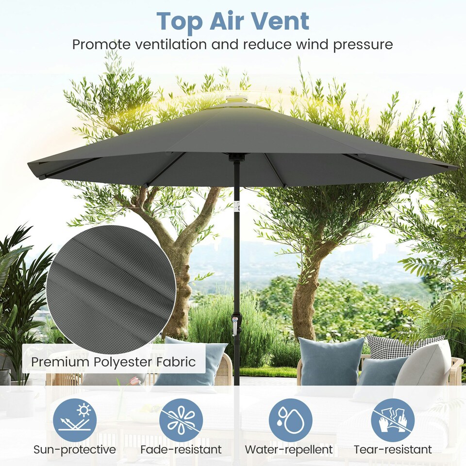 image 1 of COSTWAY 290 cm Solar Patio Parasol Umbrella 96 LED Lights Grey Grey