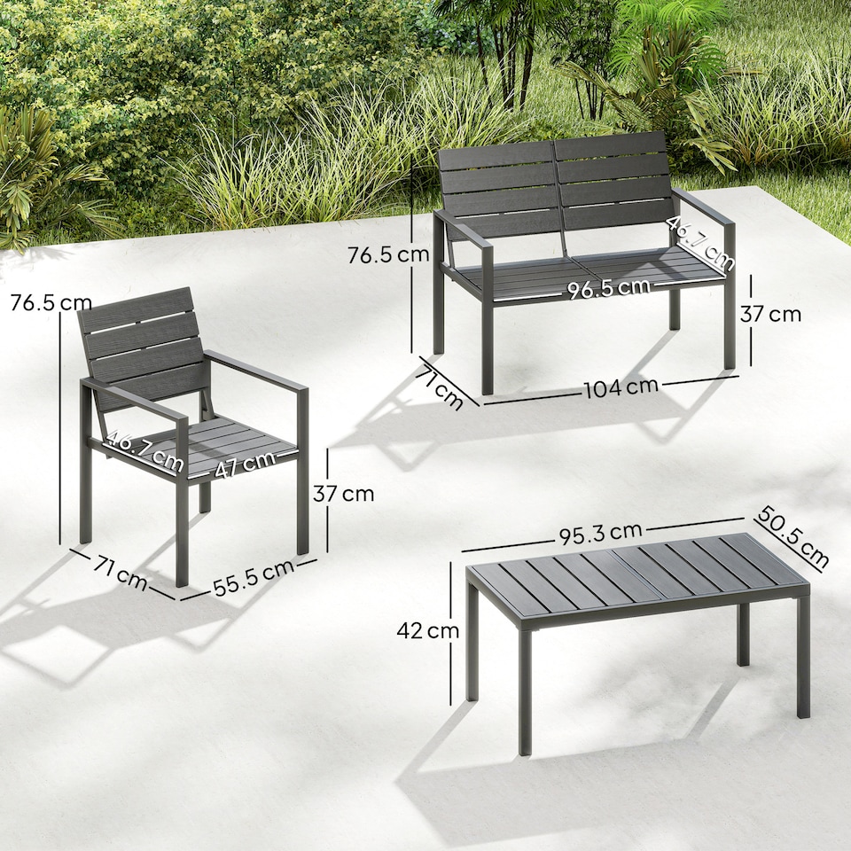 image 1 of Outsunny 4 Piece Garden Furniture Set, HDPE Metal Outdoor Sofa, Dark Grey | Grey | Dark Grey | Four Seater