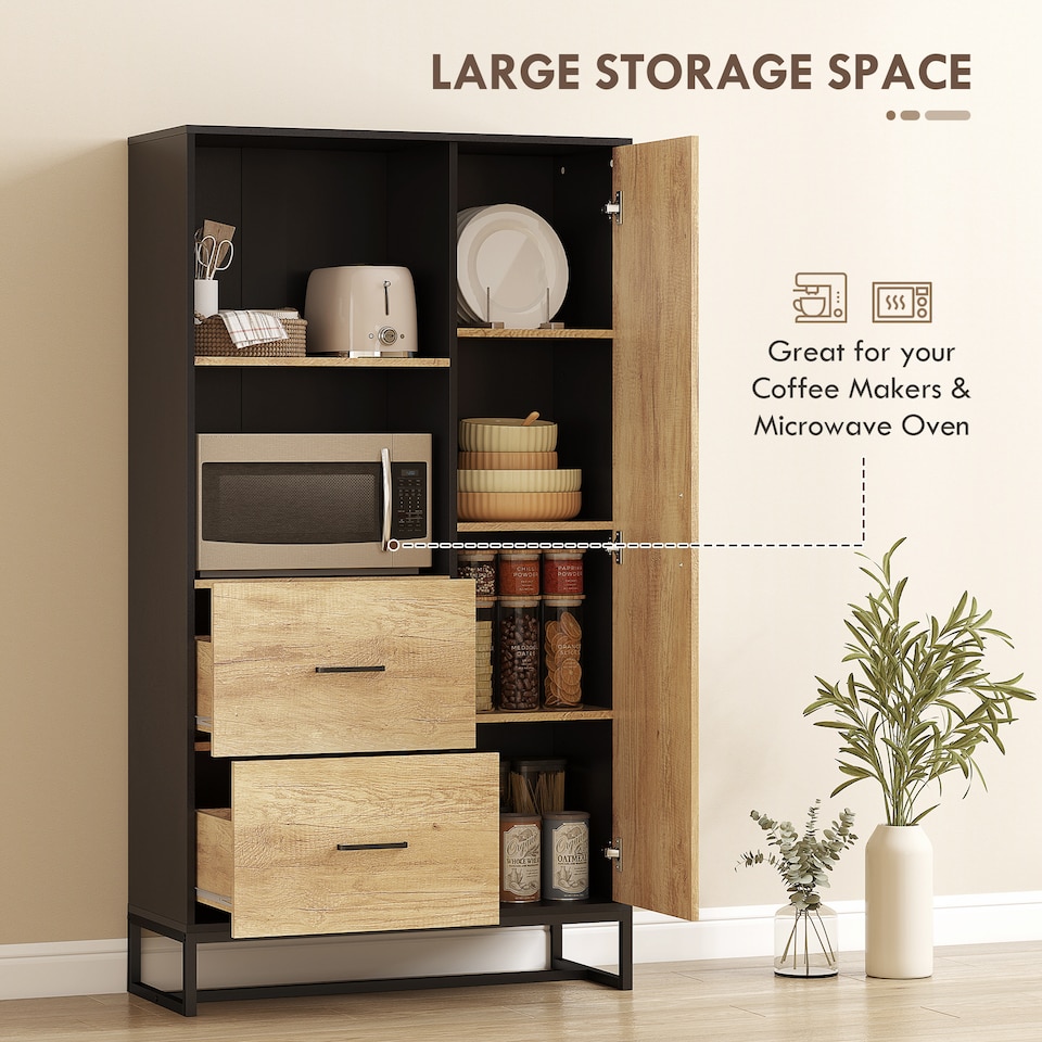 image 1 of HOMCOM 160cm Tall Kitchen Cupboard, Kitchen Pantry Sideboard with 2 Open Shelves, 2 Drawers, Adjustable Shelves and Soft Close Door, Storage Cabinet for Living Room, Dinning Room, Natural Wood Finish