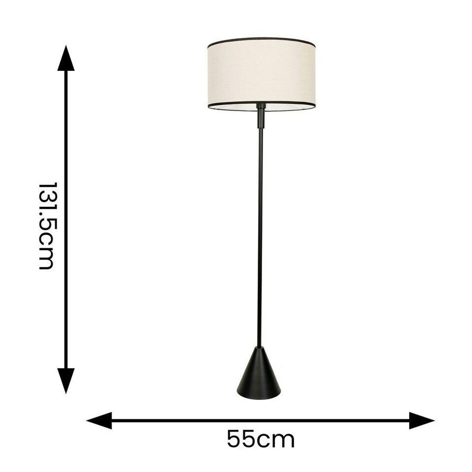 image 1 of ValueLights Mitch Natural Linen Black Trim Lamp Shade Black Wood Stem Triangle Floor Lamp Black