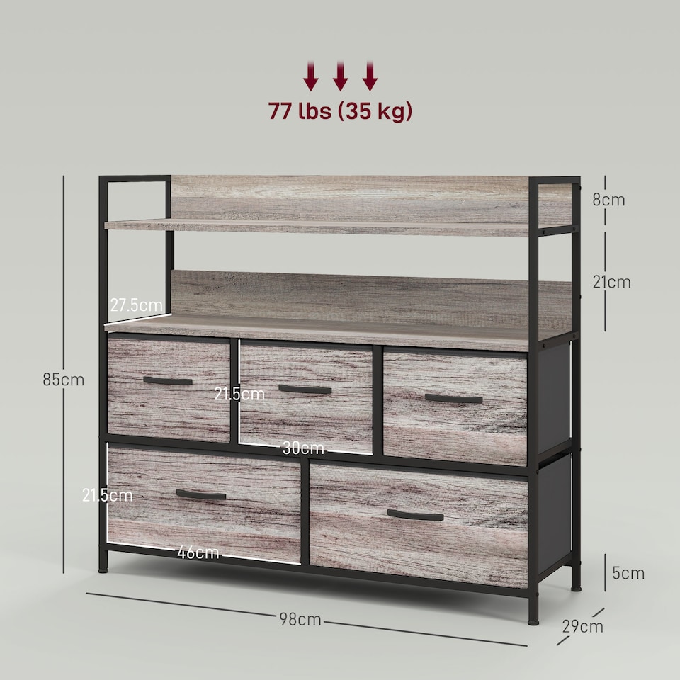 image 1 of HOMCOM Bedroom Chest of Drawers, Fabric Dresser with 5 Drawers, Storage Organiser Unit with Open Shelves and Metal Frame for Living Room, Entryway, Grey Wood Effect