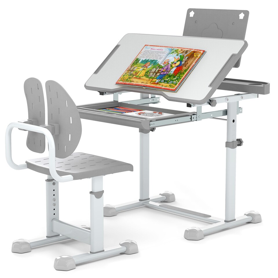 image 1 of COSTWAY Kids  Study Desk & Chair Set Height-Adjustable Children Study Desk-Grey