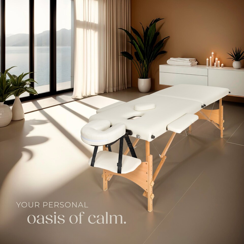 image 1 of Massage Table - 2-zones with wooden frame, bolsters, carry bag, head and armrests | Cream | beige | 1