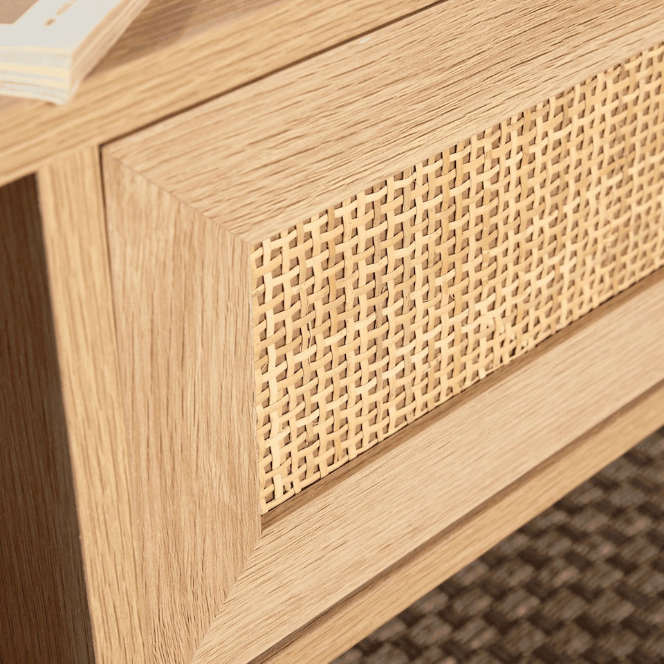 image 1 of Coffee Table Rattan Front Drawer Open Shelf Solid Wooden Legs Home Living Room